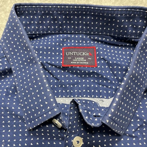 Untuckit Shirt Mens Large Blue Buton Up Triangle Polkadot 100% Cotton Long Sleev - Picture 6 of 7